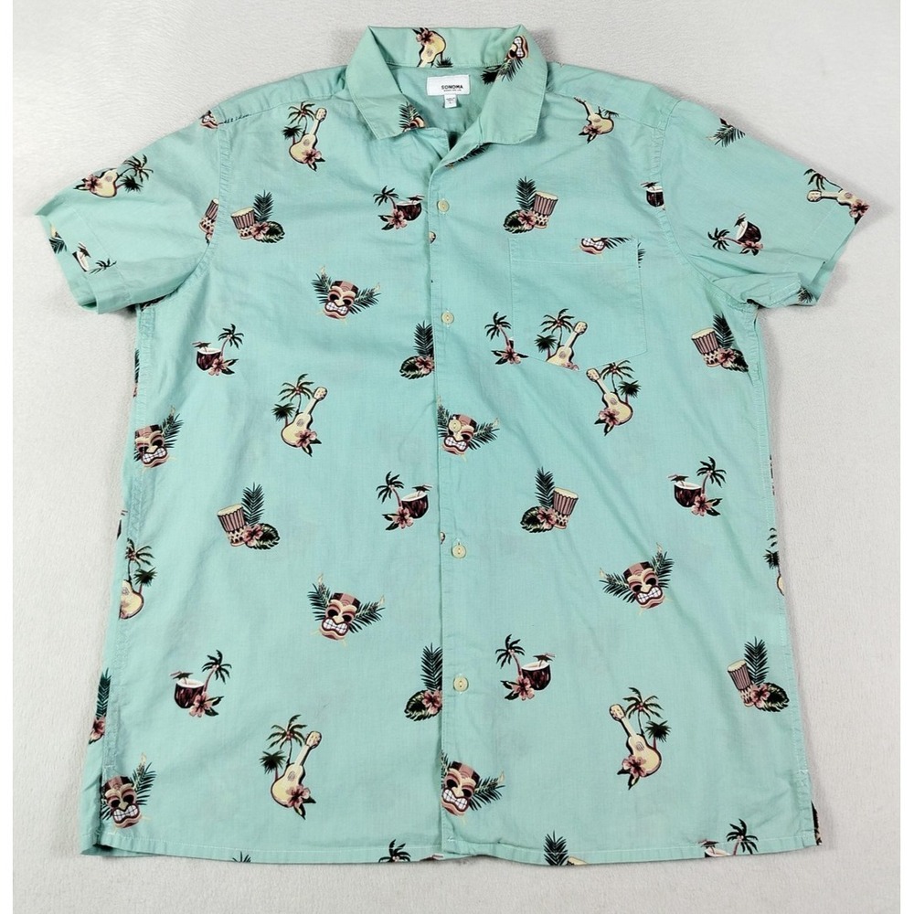 Sonoma Goods For Life Shirt Mens‎ Large Green Tiki Hawaiian Aloha Casual Summer